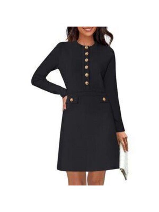 Dresses & Skirts - Women's Crew Neck Bodycon Sweater Dress Long Sleeve Button Mini Dress